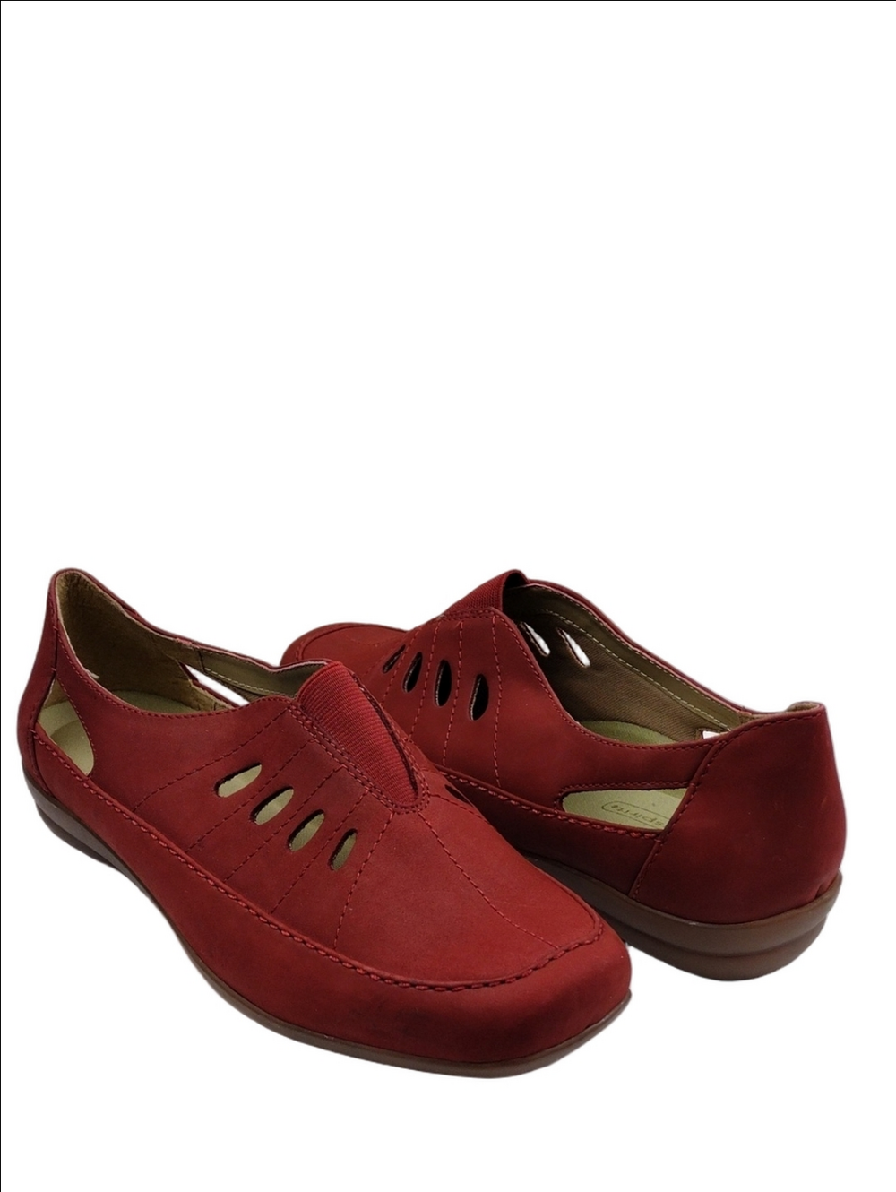 Easy Spirit Vividlys Red Suede Leather Perforated Square Toe Slip On Loafer Shoe
